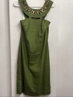 Adrianna Papell Olive Green Embellished Halter Midi Dress Linen blend Size 12